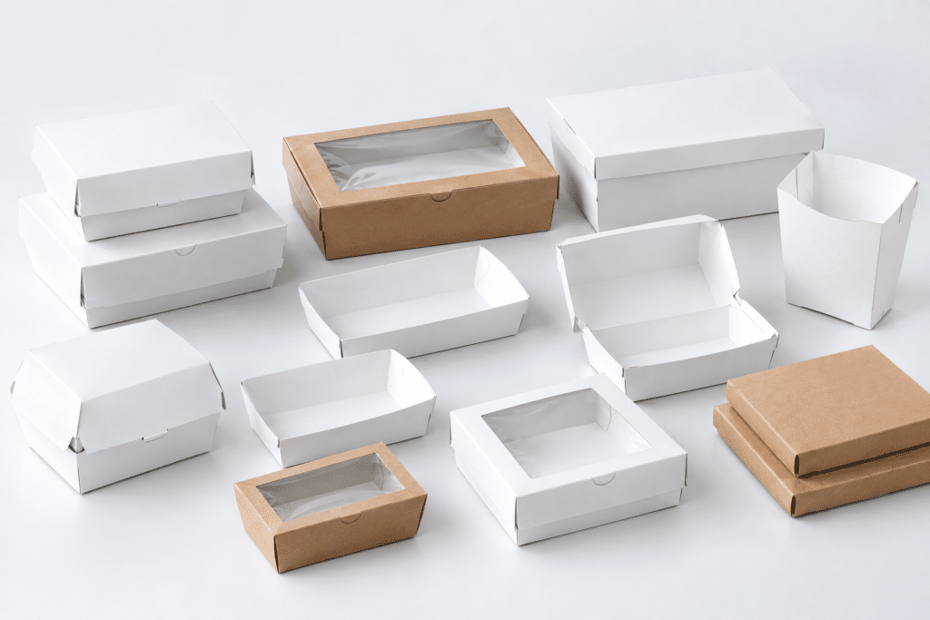 Variedad de cajas blancas y kraft para viandas y catering corporativo