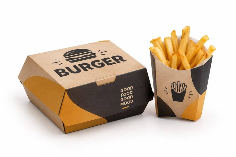 Estuche de cartulina para hamburguesa y papas fritas de delivery
