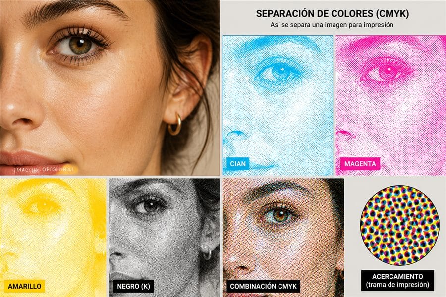 Separación de colores CMYK explicada paso a paso para impresión offset