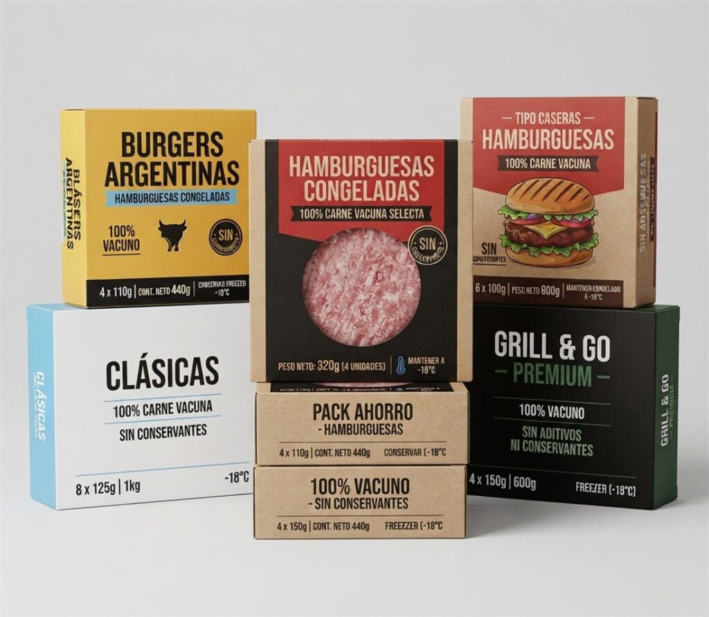 Variedad de cajas de cartulina para hamburguesas congeladas con distintos diseños de marca